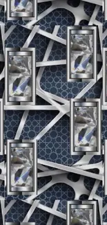 Abstract geometric wallpaper with cool tones and modern metallic elements.