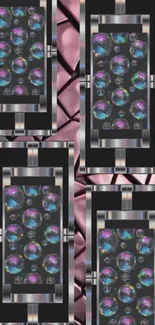 Abstract geometric wallpaper with metallic patterns and colorful spheres.