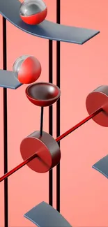 Abstract geometric 3D shapes on a salmon pink background.