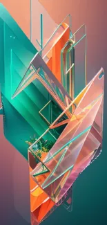 Vibrant abstract geometric wallpaper with teal and coral 3D shapes.