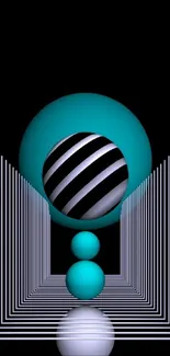 Abstract geometric mobile wallpaper with 3D teal shapes on black background.