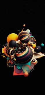 Abstract 3D geometric wallpaper with colorful shapes.