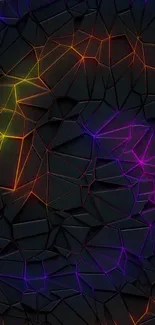 Abstract geometric wallpaper with neon colors on a dark background.