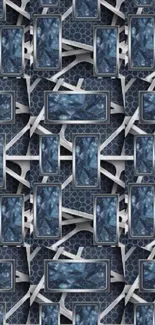 Abstract geometric pattern wallpaper in blue and white tones.
