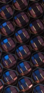 Abstract geometric pattern with 3D hexagons in shades of purple and blue.