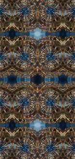 Abstract geometric pattern wallpaper in blue and brown hues.