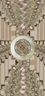 Abstract geometric pattern with central circular design in beige tones.