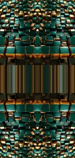 Abstract geometric wallpaper with teal and gold 3D blocks.