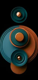 Abstract teal and copper geometric wallpaper with circular design on black background.