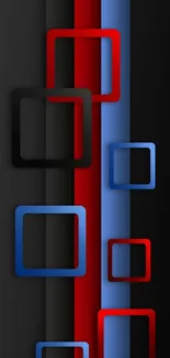 Abstract wallpaper with red and blue squares on a black background.