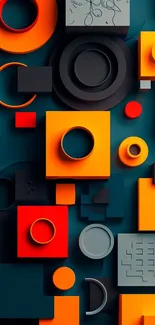 Abstract geometric shapes in vibrant colors on a teal background.