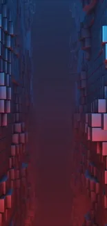 Abstract geometric tunnel in blue and red hues.