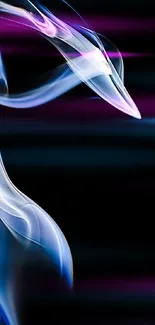 Abstract glowing smoke art with blue and pink hues on a dark background.