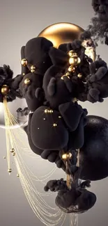 Abstract art wallpaper with gold spheres and black textures.