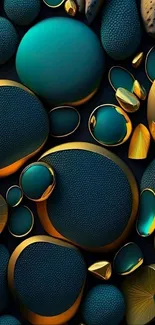 Abstract wallpaper with gold and teal spheres.