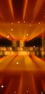 Abstract golden wallpaper with light flares and digital numbers in orange hues.