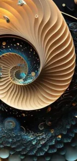 Intricate golden spiral abstract wallpaper design.