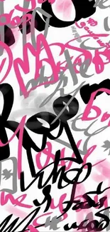 Abstract graffiti art with pink and black on white background.