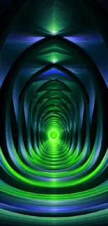 Abstract green and blue tunnel with vibrant colors.