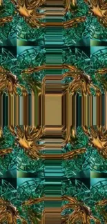 Abstract green and gold pattern wallpaper with intricate designs.