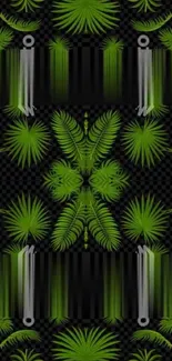 Abstract green fern pattern with geometric elements on a black background.