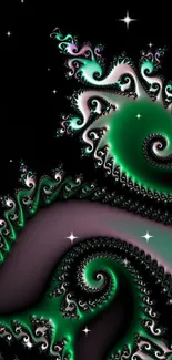 Abstract green fractal art with swirling patterns and vibrant designs.