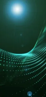 Abstract green wallpaper with dynamic lightwaves and glowing dots.