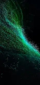 Dynamic abstract wave of green particles on dark background mobile wallpaper.