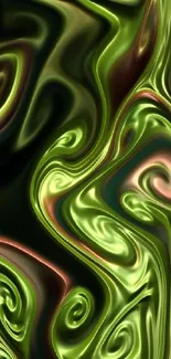 Abstract green swirl wallpaper with fluid patterns and metallic hues.