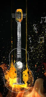 Abstract guitar art with musical notes on black background.