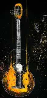 Abstract guitar art with musical notes on a vibrant orange background.