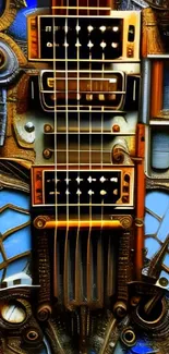 Abstract guitar artwork with metallic and blue elements.