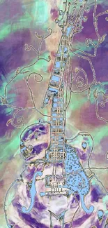 Abstract guitar art wallpaper with blue and purple hues, perfect for music fans.