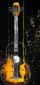 Abstract guitar illustration with musical notes on a black background.