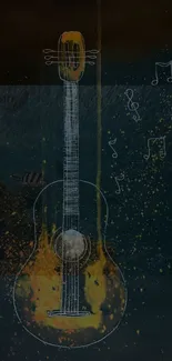 Abstract guitar illustration with musical notes on dark background.