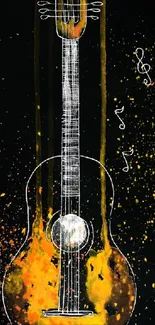 Abstract guitar art with musical notes on black background.