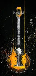 Abstract guitar illustration with orange and black tones, featuring musical notes.