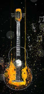 Abstract guitar art with musical notes on a dark background.