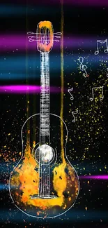 Abstract guitar with vibrant colors and musical notes on black background.