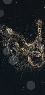 Wireframe abstract illustration of a guitarist on a dark background.