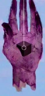 Abstract purple hand with a cube on blue background wallpaper.