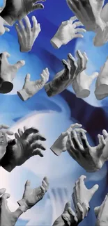 Abstract wallpaper with floating hands on a blue background.