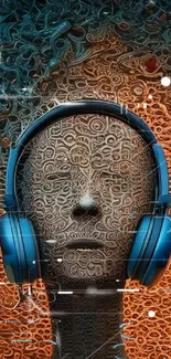 Abstract art wallpaper featuring headphones on a textured humanoid in orange tones.