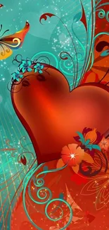 Abstract heart and butterfly design in vibrant red and teal hues.