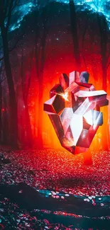 Abstract heart glowing in a mystical red forest with a captivating digital art style.