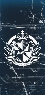 High school emblem on cracked tech blue wallpaper.