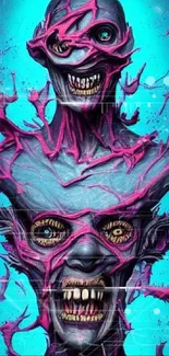 Abstract art wallpaper with eerie, surreal faces in blue and pink hues.