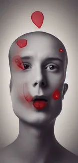 Abstract human face with red accents on gray background.