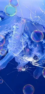 Abstract jellyfish with colorful bubbles and artistic cracks on a blue background.