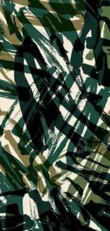 Abstract jungle print wallpaper with dark green patterns.